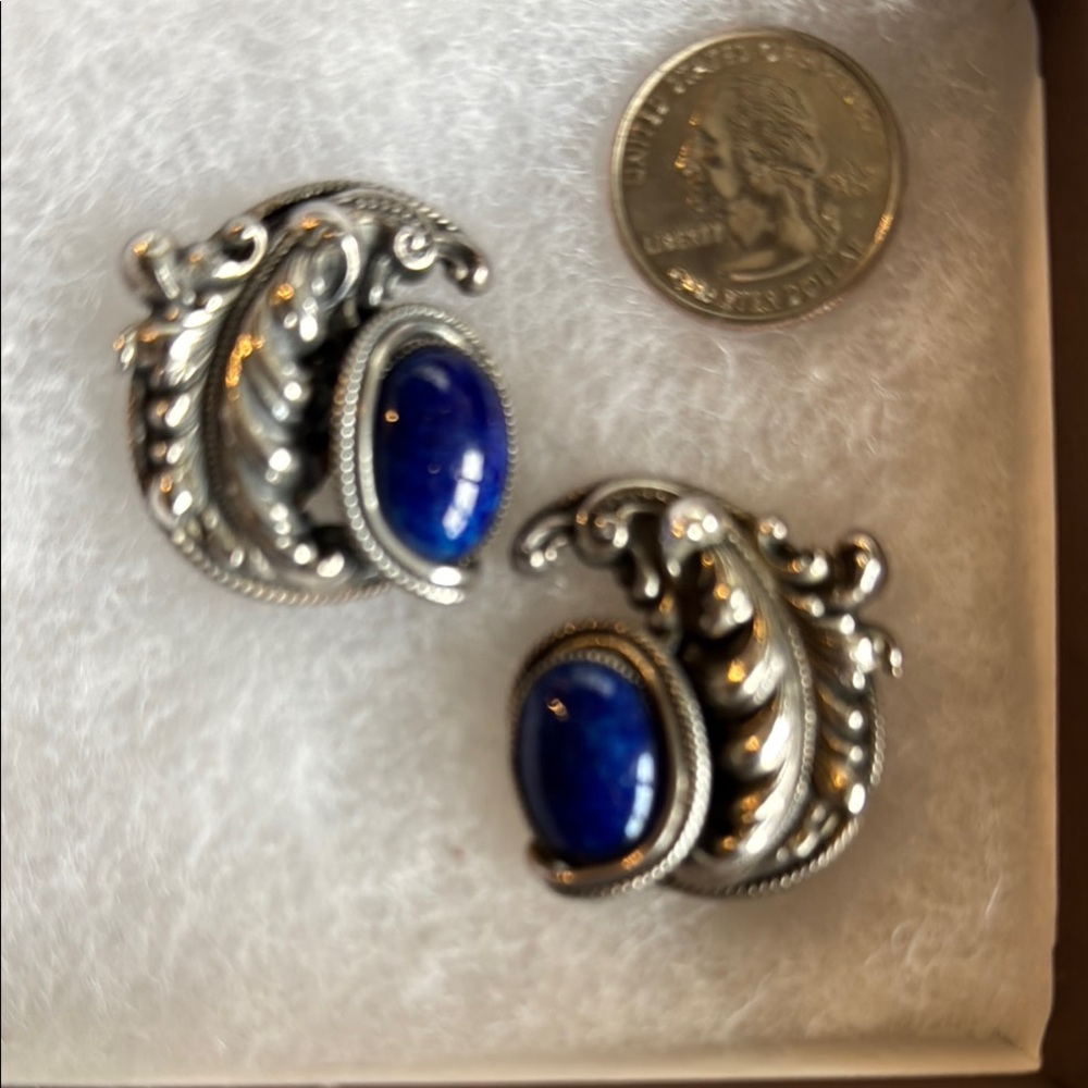 Sterling Silver and Blue Lapis Cabochon Statement Earrings